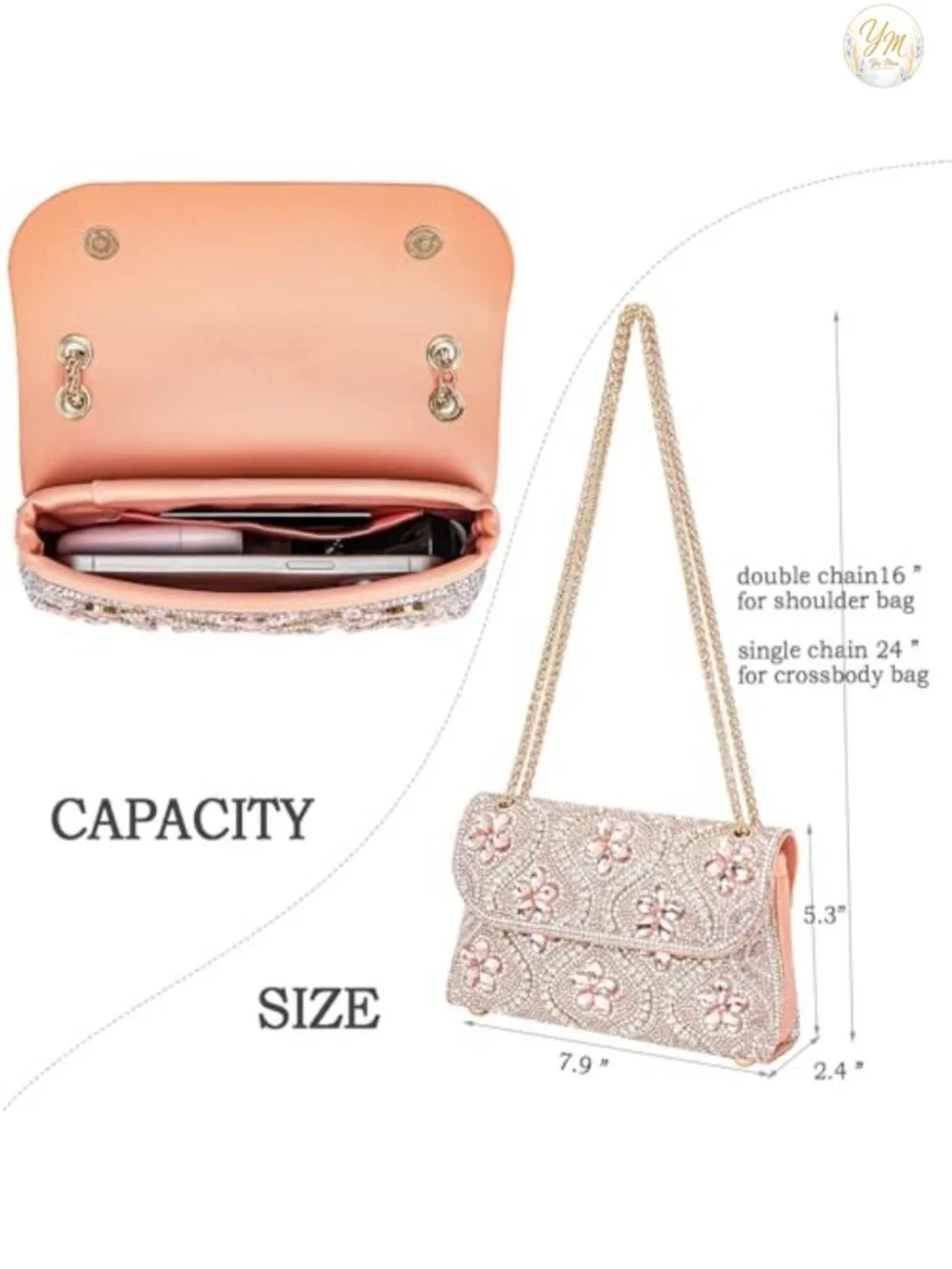 Rhinestone Evening Clutch Bag Chain Strap Square Shoulder Crossbody Purse